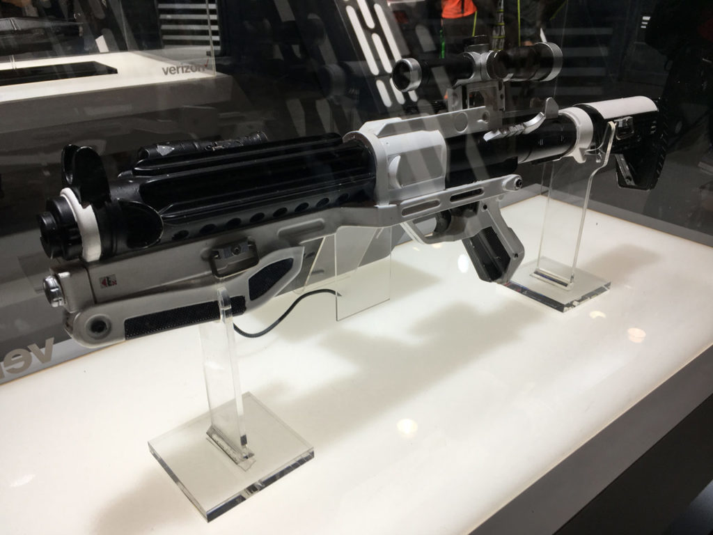 A First Order stormtrooper blaster rifle on display at the NYCC 2017 Star Wars: The Last Jedi Prop Gallery.