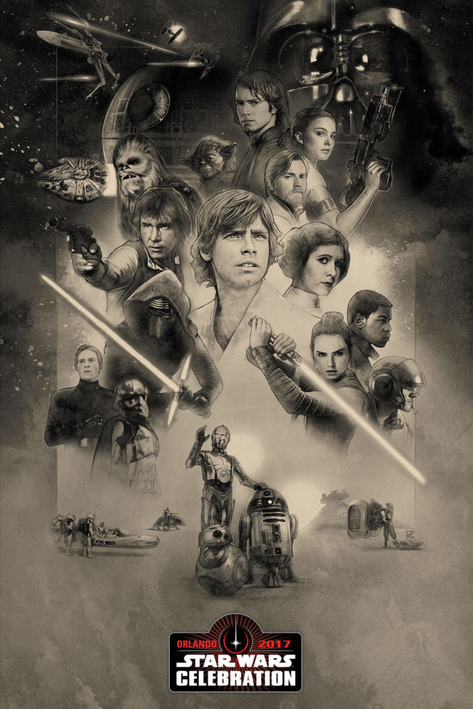 A black and white poster for Star Wars Celebration Orlando 2017 features all the major characters of the Star Wars saga.