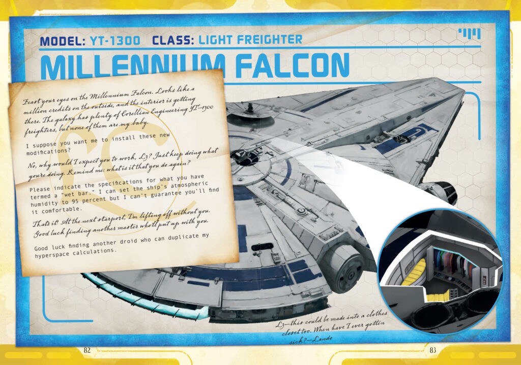 An illustration of Lando's Millennium Falcon in Star Wars: Smuggler's Guide.