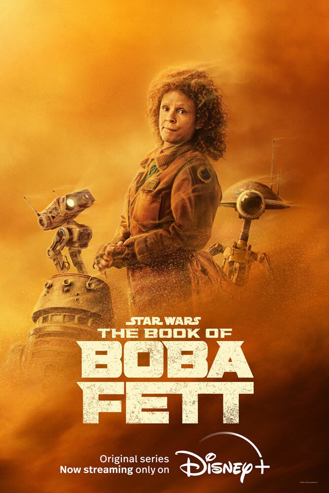 Peli Motto with her droids on a character poster for The Book of Boba Fett.