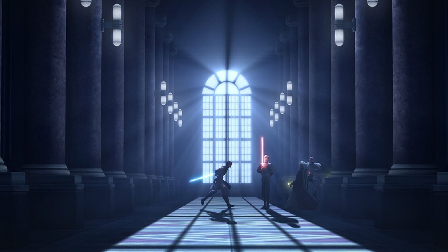 Anakin and Count Dooku with lightsabers, battling in The Clone Wars