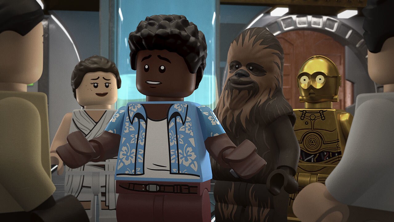 Finn talking to the crew in LEGO Star Wars: Summer Vacation