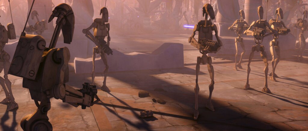 Two battle droids look down at an explosive that was tossed near them while the rest of the droids around them seem unaware in The Clone Wars.