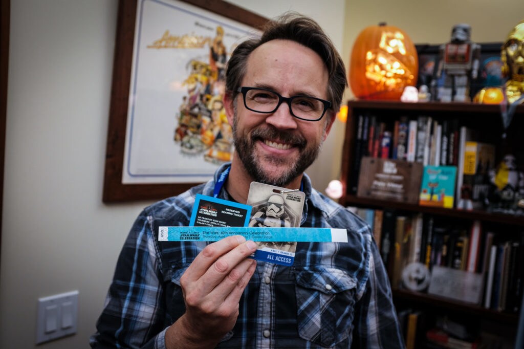 Pete Vilmur of Lucasfilm with his Star Wars Celebration Orlando badge and ticket and wristband for the 40th anniversary panel.
