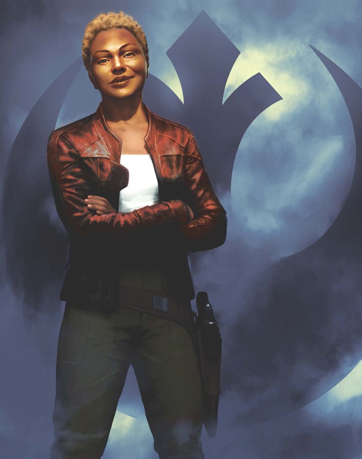 Vi Moradi crosses her arms in a leather jacket with a blaster holstered at her hip in front of the Rebel Alliance symbol from the novel Star Wars: Phasma.