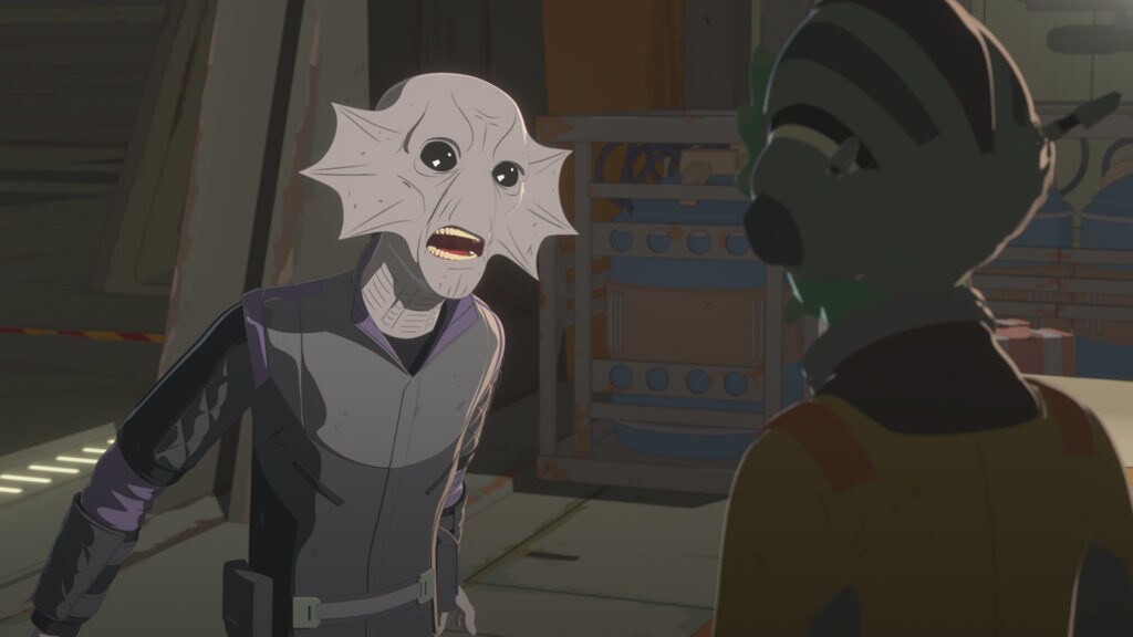 Oplock speaks to Neeku, his facial fins expanding, in Star Wars Resistance.