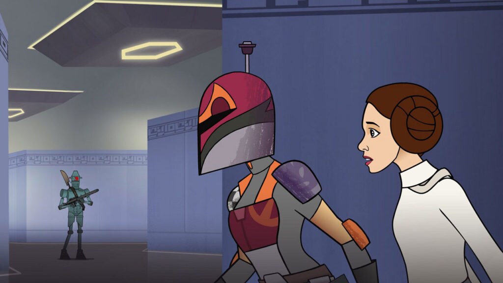 Sabine Wren, in Mandalorian armor, stands beside Princess Leia as they look back at IG-88 in Star Wars Forces of Destiny.