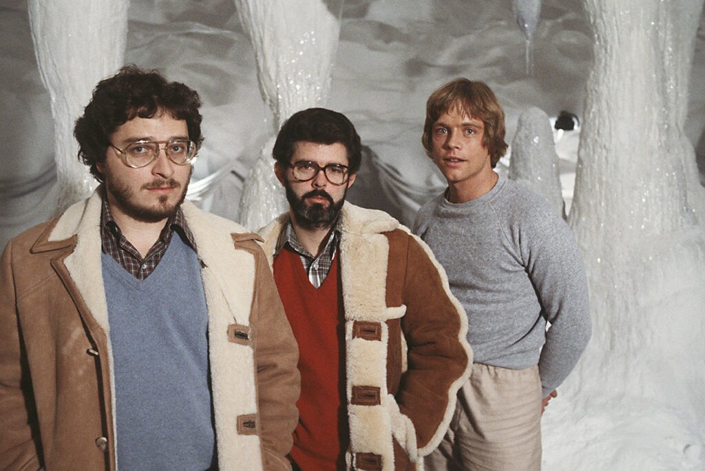 Lawrence Kasdan, George Lucas, and Mark Hamill on the set of The Empire Strikes Back.