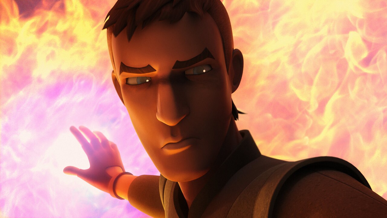 Kanan Jarrus uses the Force to hold back a fiery explosion in an episode of Rebels.
