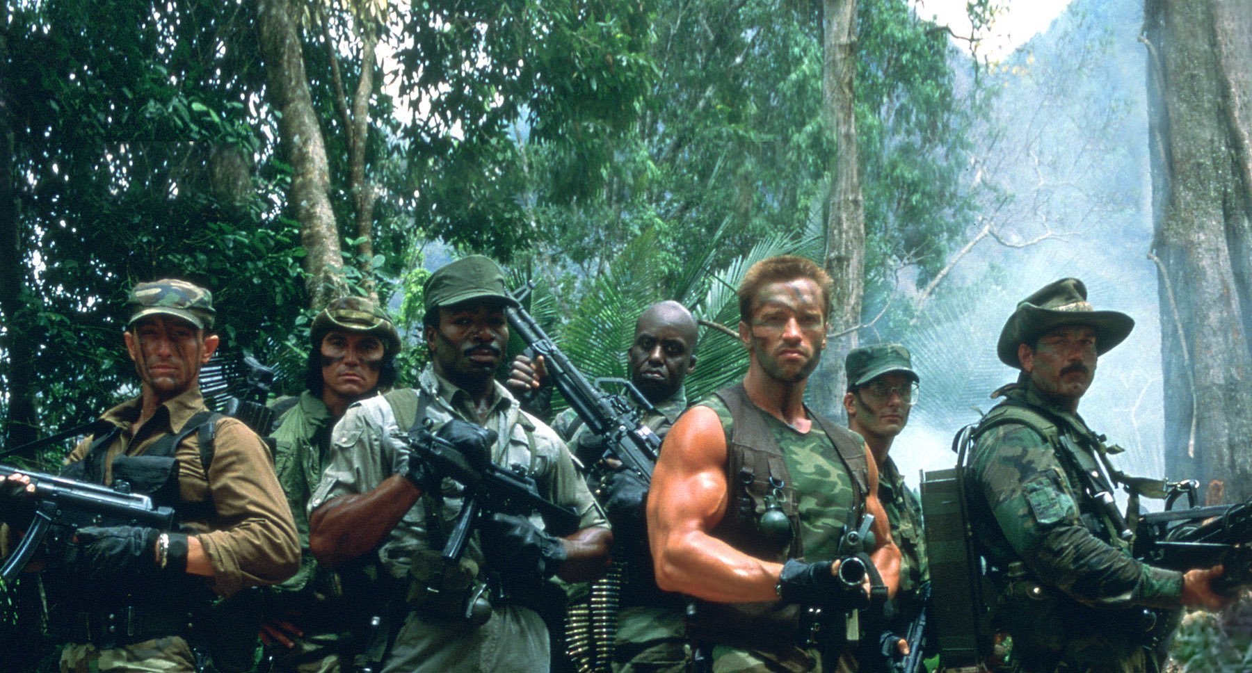 Arnold Schwarzenegger, Shane Black, Jesse Ventura, Carl Weathers, Bill Duke, Richard Chaves and Sonny Landham in the movie "Predator"