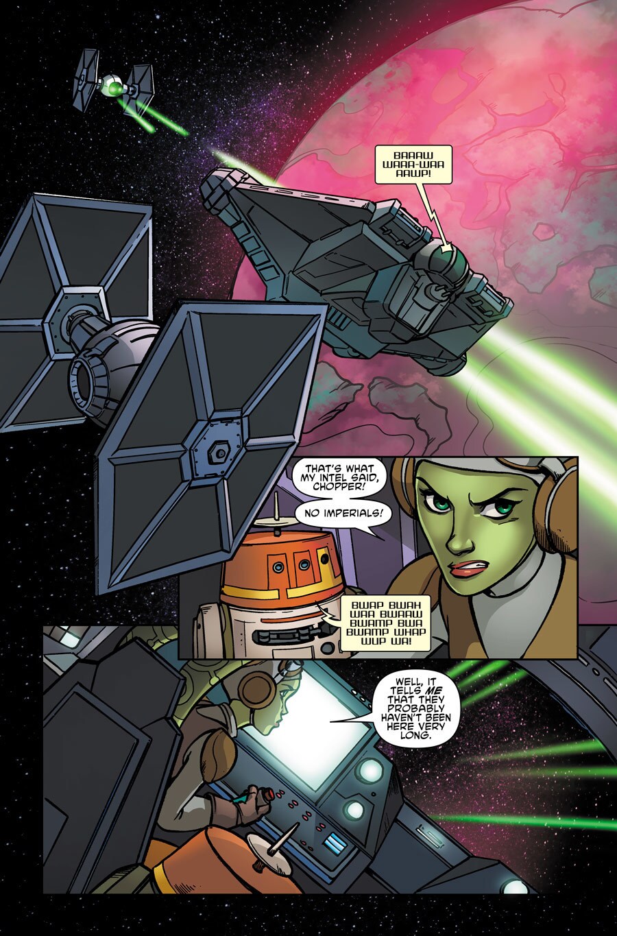 In a series of panels from the comic book Star Wars Forces of Destiny: Hera, Hera dodges fire from a TIE fighter while talking to Chopper.