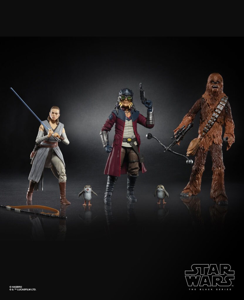 Rey, Hondo Ohnaka, Chewbacca, and porg action figures by Hasbro.