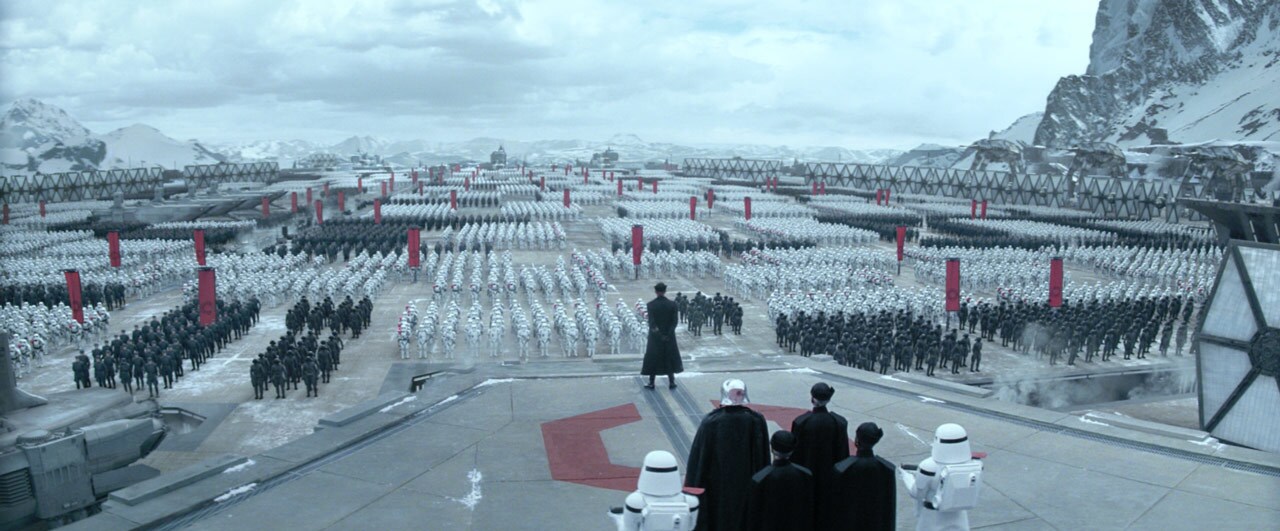 General Hux gives a speech to the Imperial troops at Starkiller Base in Star Wars: The Force Awakens.