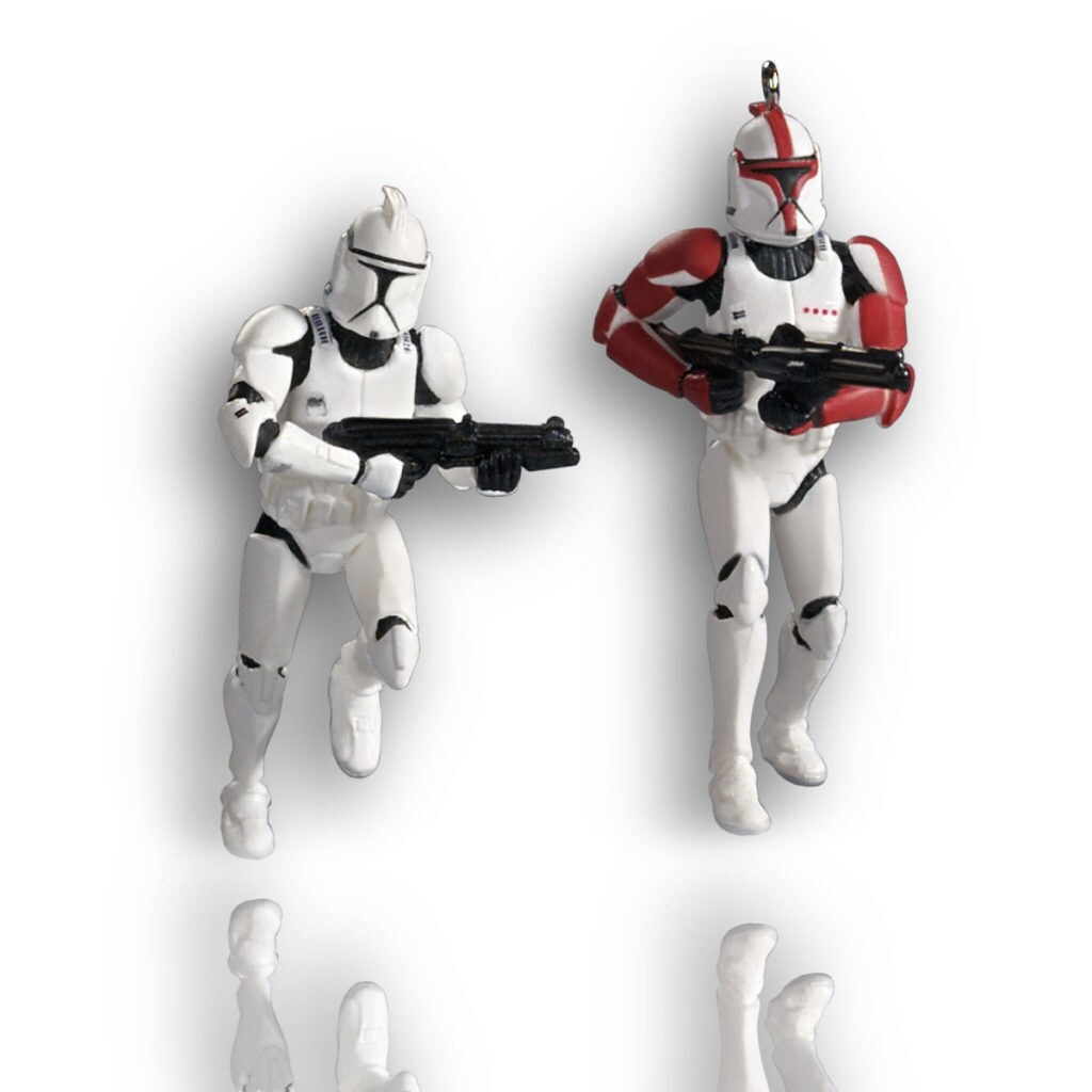 A pair of clone trooper Keepsake Christmas ornaments by Hallmark.