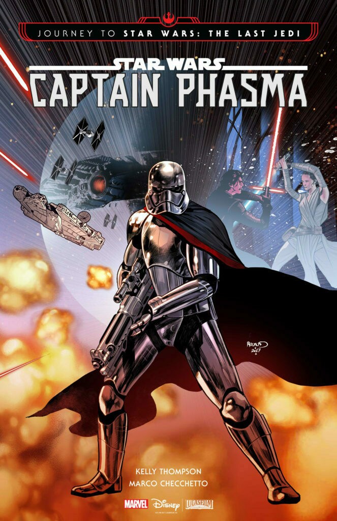 Captain Phasma stands with a blaster rifle, in front of scenes from The Force Awakens, on the cover of the graphic novel Captain Phasma.