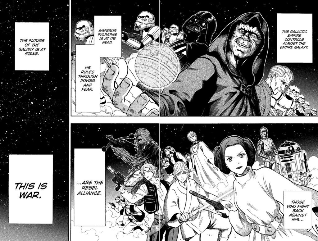 Artwork from the manga adaptation of the novel Lost Stars shows the Emperor, Darth Vader and other members of the Galactic Empire in the upper panel. Princess Leia, Luke, and other members of the Rebel Alliance are featured in the lower panel. Text boxes provide a brief backstory.