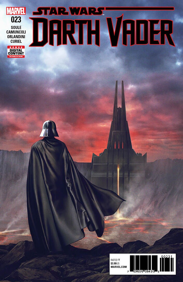 The cover of an issue of Marvel's comic book series Darth Vader shows the back of Darth Vader as he stands on a rocky shore looking across a river of lava toward a castle.