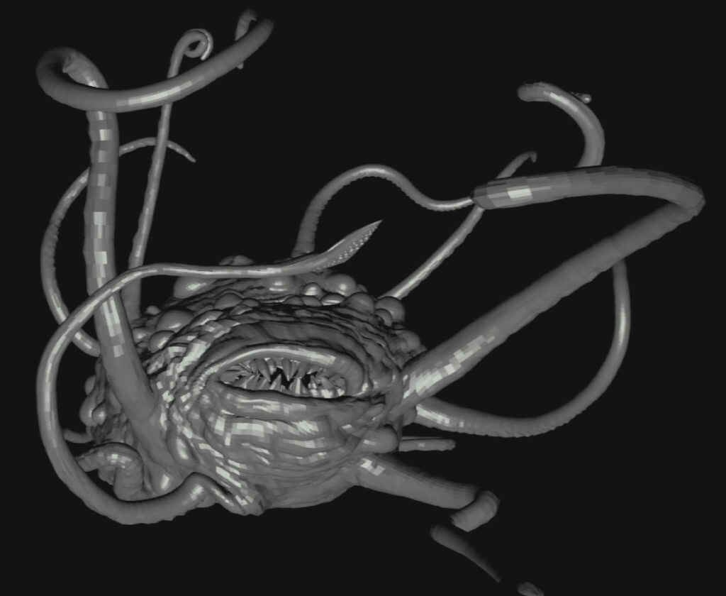 A partially rendered 3-D computer model of a rathtar.