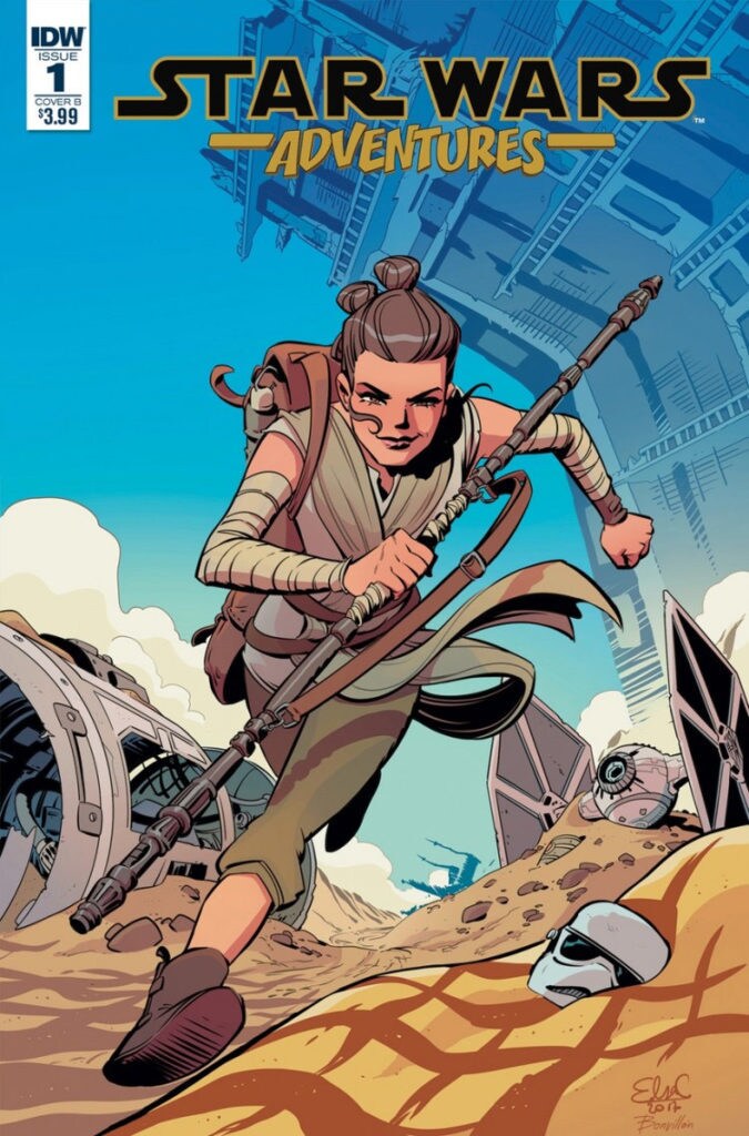 The first issue cover of the Star Wars Adventures comic book features Rey running on Jakku.