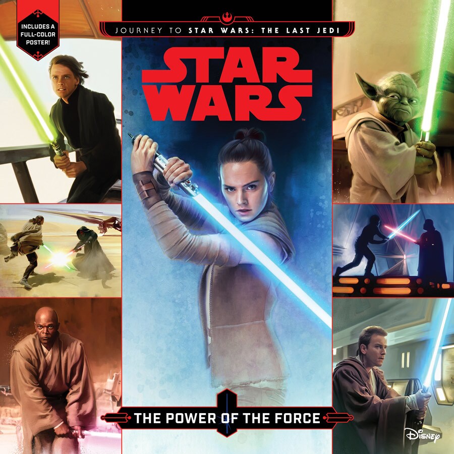 The cover of the book Star Wars: The Power of the Force, by Michael Siglain, features Luke, Yoda, Qui-Gon Jinn, Darth Maul, Rey, Darth Vader, Mace Windu, and young Obi-Wan Kenobi, all wielding lightsabers.