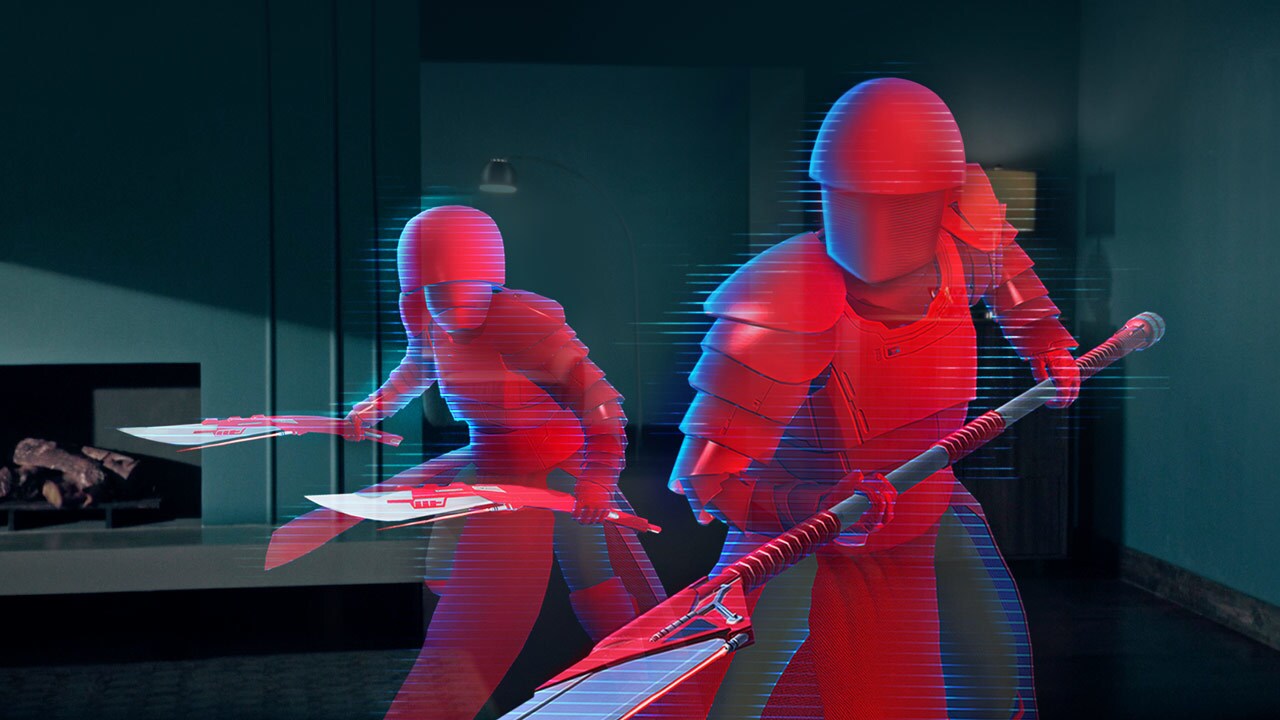 Two Praetorian Guards wield weapons in the augmented reality game Star Wars: Jedi Challenges.