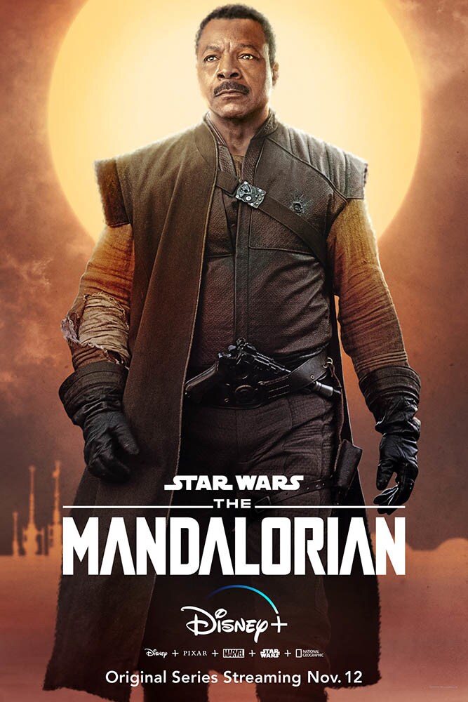 A character poster for The Mandalorian featuring Greef Carga.