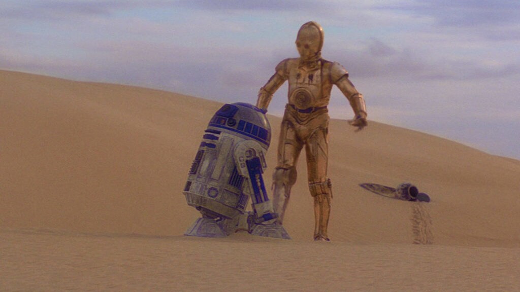 R2-D2 and C-3PO crash land in the desert of Tatooine.