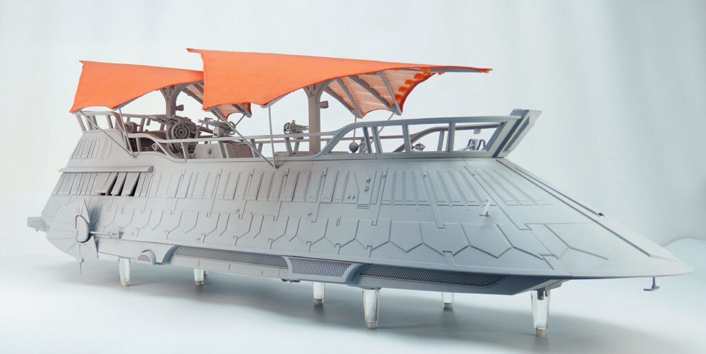 An unpainted version of Jabba's Sail Barge toy vehicle by HasLab.