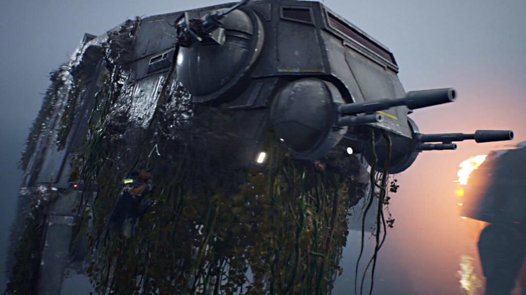 Cal climbs an AT-AT in Star Wars Jedi: Fallen Order.