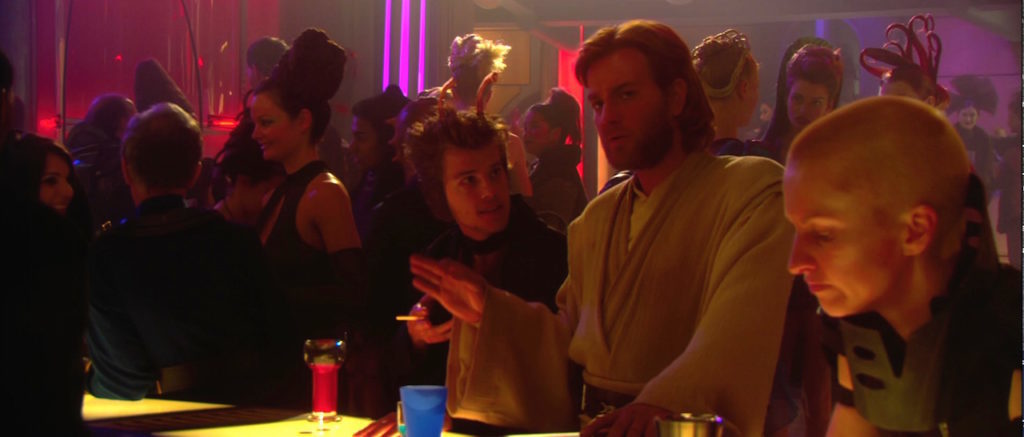 Obi-Wan talks to Elan Sleazebaggano at the Outlander Club in Attack of the Clones.