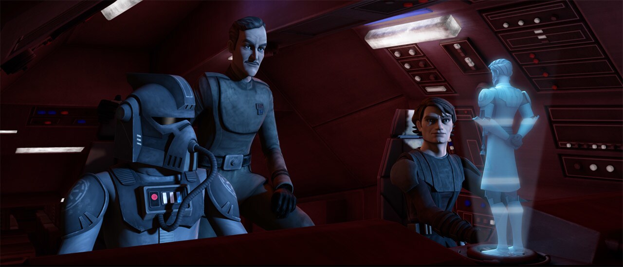 Anakin Skywalker, an officer, and a pilot watch a transmission from Obi-Wan Kenobi in The Clone Wars.