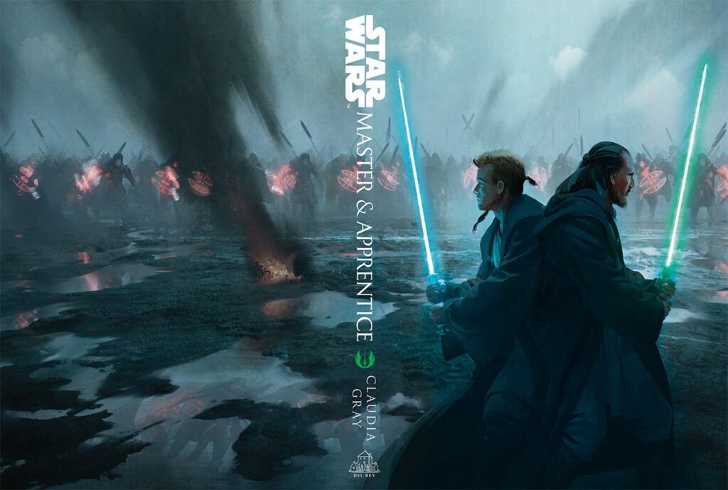 The cover of the novel Master & Apprentice shows Obi-Wan Kenobi and Qui-Gon Jinn standing back-to-back on a muddy battlefield as an attacking army approaches.