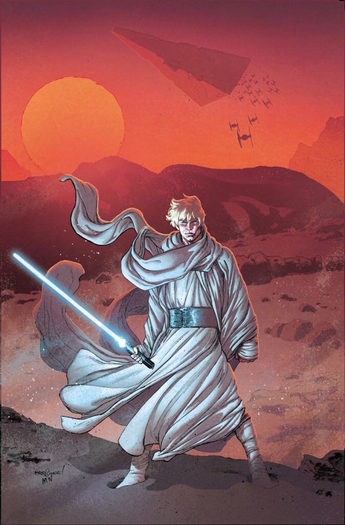 Luke Skywalker brandishes a lightsaber on a barren desert as TIE fighters swarm from a Star Destroyer in the sky on the cover of issue 38 of Marvel's Star Wars comic book.