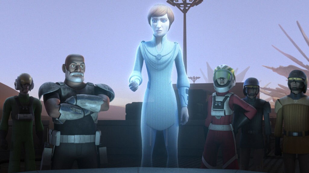 A hologram of a determined Mon Mothma calling people to stand against the Empire in Star Wars Rebels.