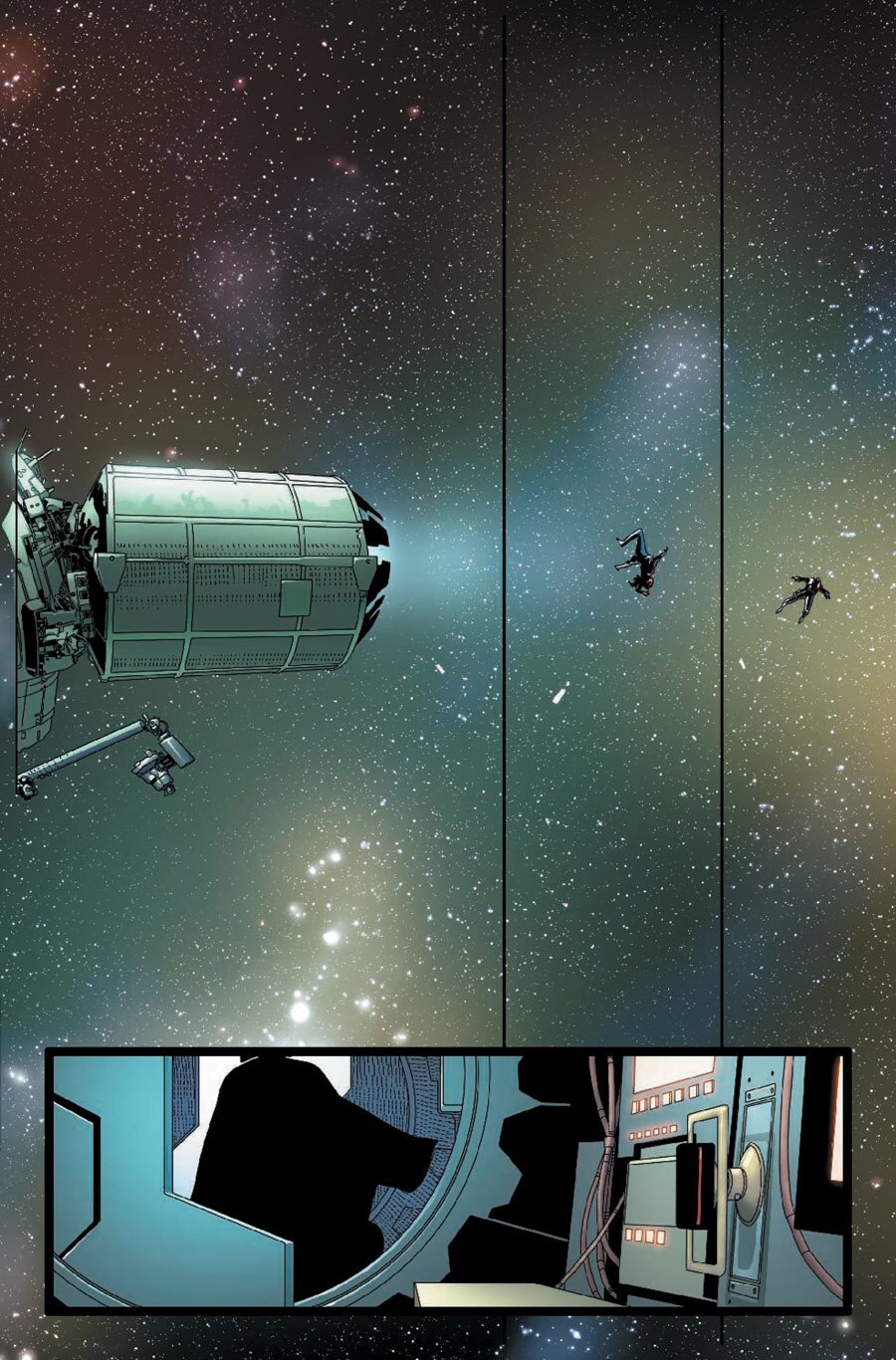 In a series of comic book panels, Dr. Aphra is shown floating in space after being thrown out through an airlock by Darth Vader who looks on.