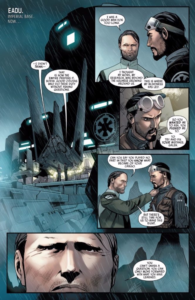 Panels from the graphic novel Rogue One: New Star Wars Story feature Galen Erso and Bhodi Rook.