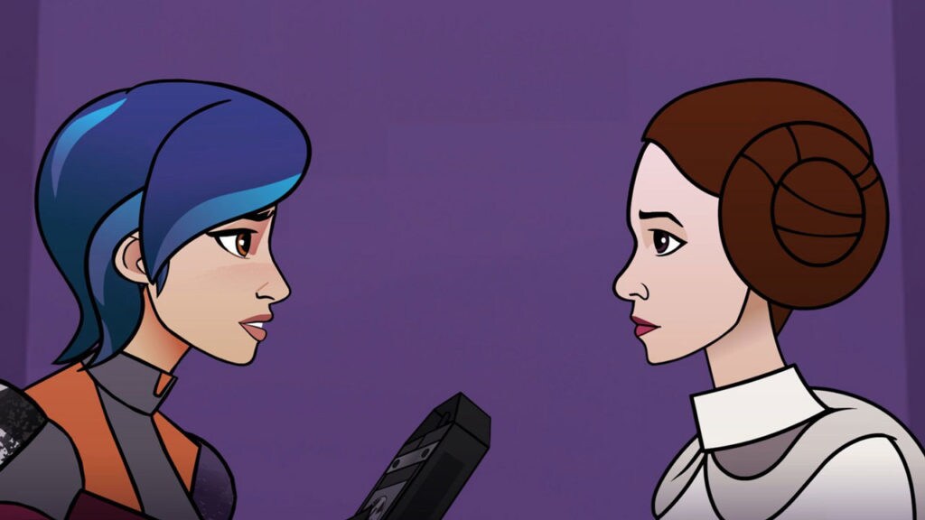 Sabine Wren, with her Mandalorian helmet removed, takes a data tape from Princess Leia in Star Wars Forces of Destiny.