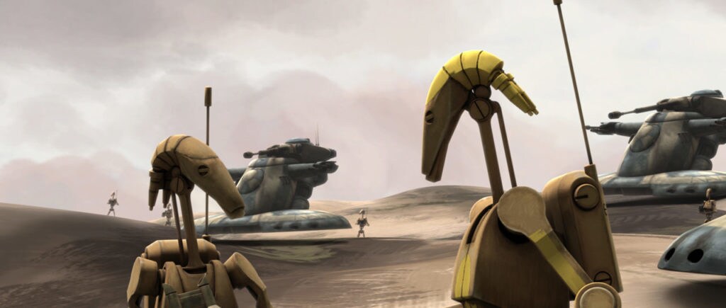 Two battle droids chat in the desert of Ryloth in The Clone Wars.