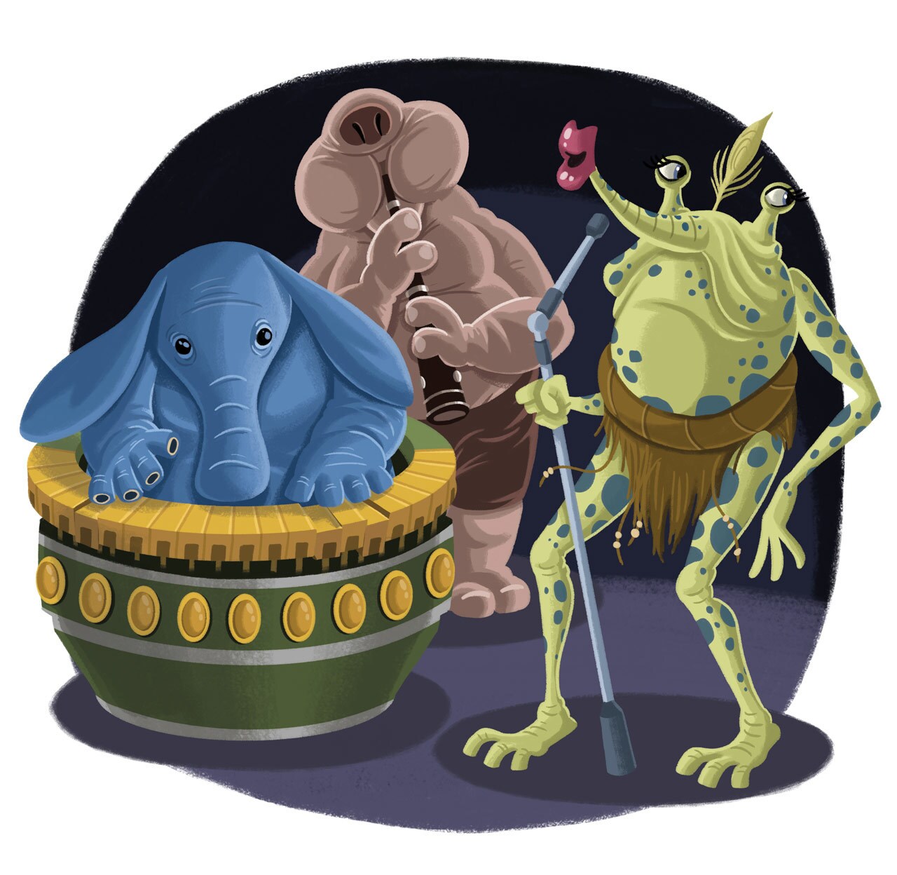 Max Rebo, Droopy McCool, and Sy Snootles of the Max Rebo Band perform in art from The Big Golden Book of Aliens, Creatures, and Beasts.