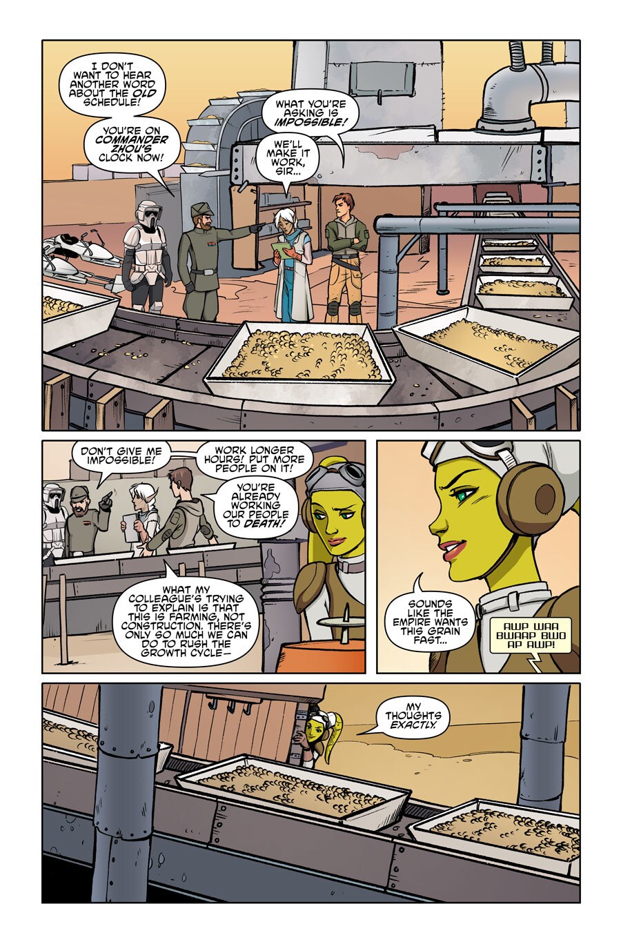Hera Syndulla watches as Imperials pressure farmers to speed up their production schedule in a series of comic panels.