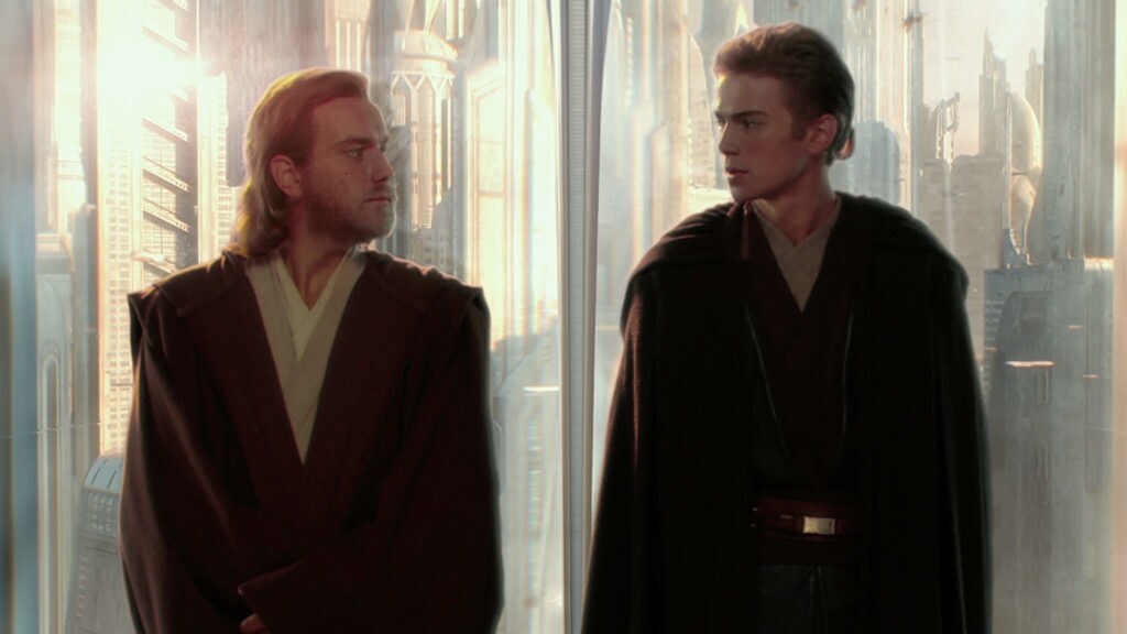Anakin and Obi-Wan on Coruscant in Star Wars: Attack of the Clones.