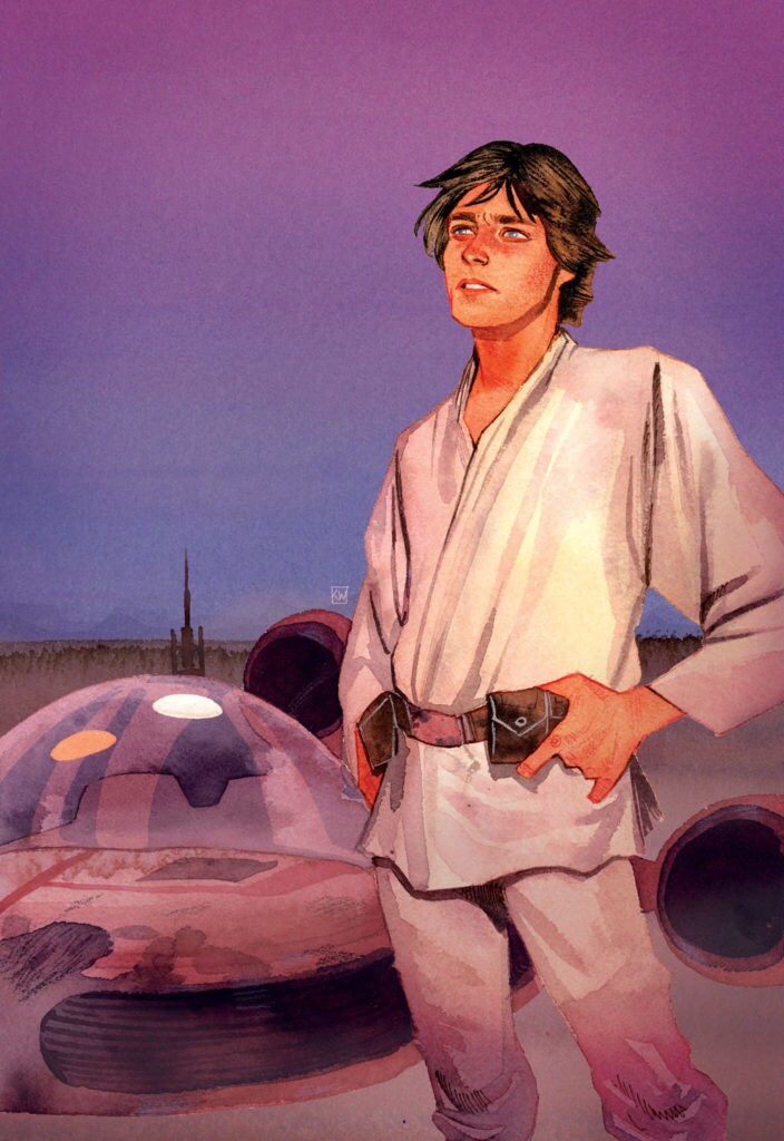 Marvel's Star Wars 40th Anniversary Variant Cover artwork features Luke Skywalker standing by his landspeeder under a purplish desert sky.