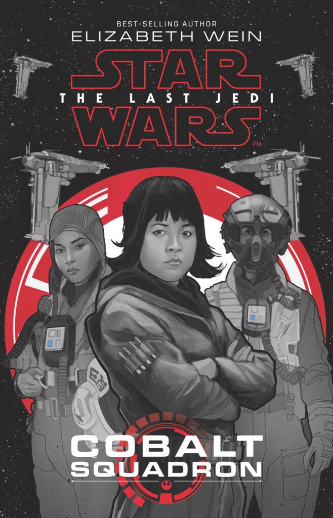 Rose Tico flanked by members of the Cobalt Squadron on the cover of the book Star Wars: The Last Jedi: Cobalt Squadron.