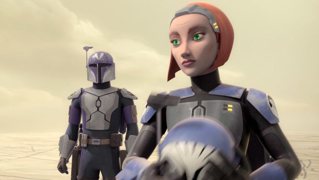 Bo-Katan Kryze removes her helmet while a fellow Mandalorian stands behind her in Star Wars Rebels.