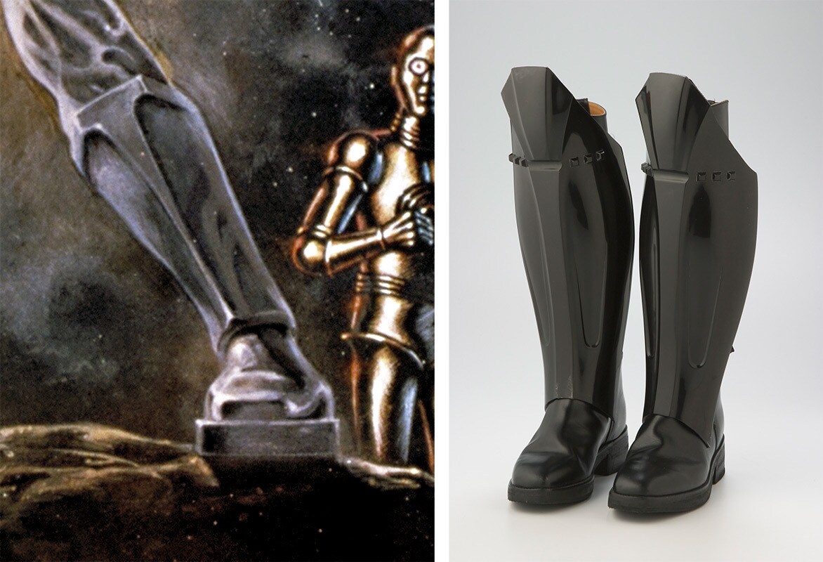 A close-up of Luke's boot in the 1977 Star Wars poster, beside a picture of Darth Vader's boots, which are of a similar design.
