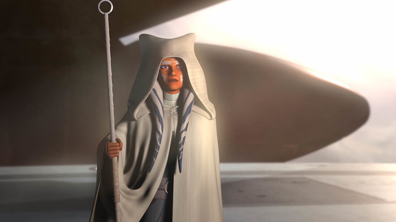 An adult Ahsoka Tano in a white robe holding a staff, in the series finale of Star Wars Rebels.