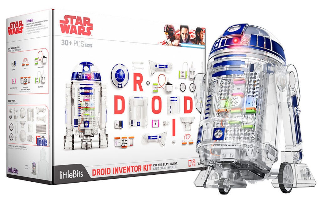 littleBits Star Wars Droid Inventor Kit box and assembled R2-D2 toy.