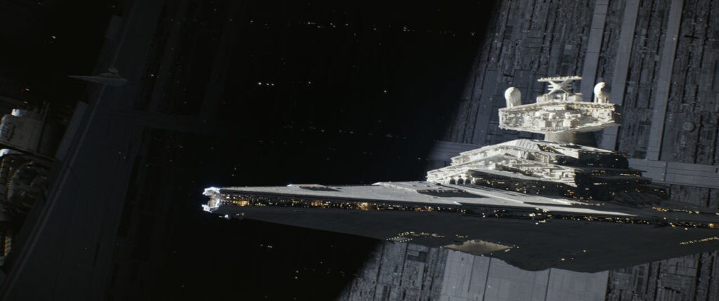 A Star Destroyer outside the Death Star.
