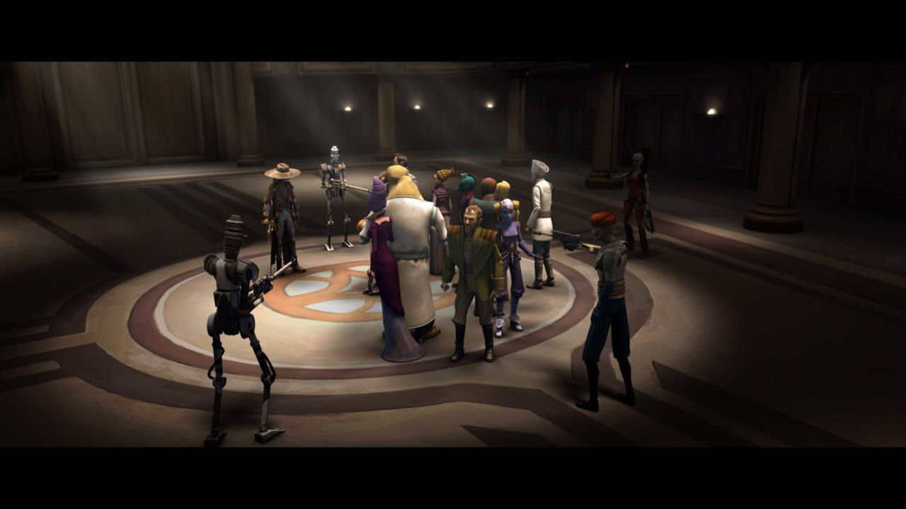 Senators Amidala and Organa meet with other senators in the building's lobby atrium when they are...