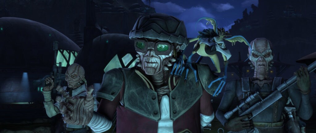 Hondo Ohnaka is flanked by fellow Weequays while a Kowakian Monkey-Lizard sits on his shoulder in The Clone Wars.